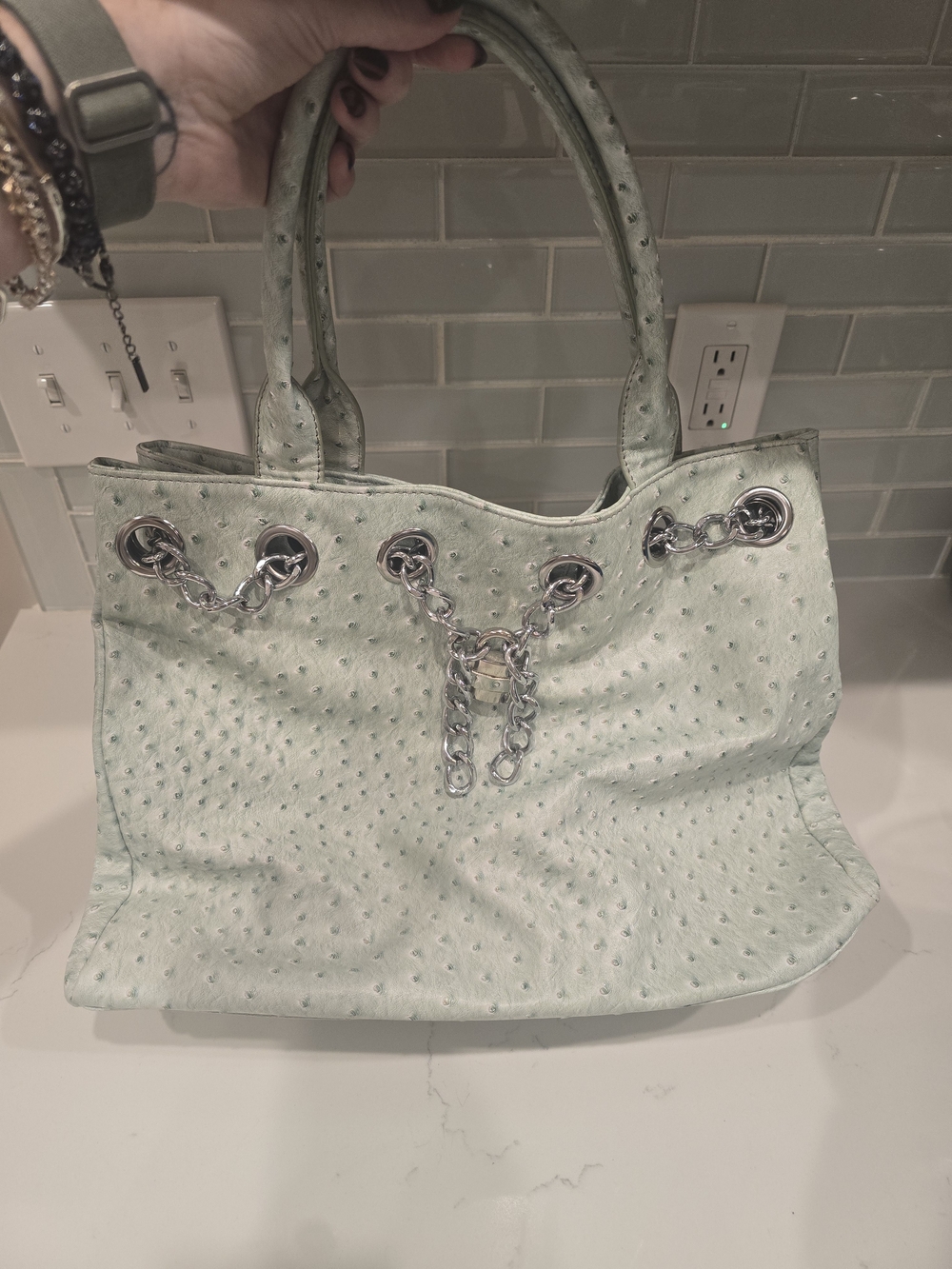 Women's Mint Green Tote Bag with Chain Detail